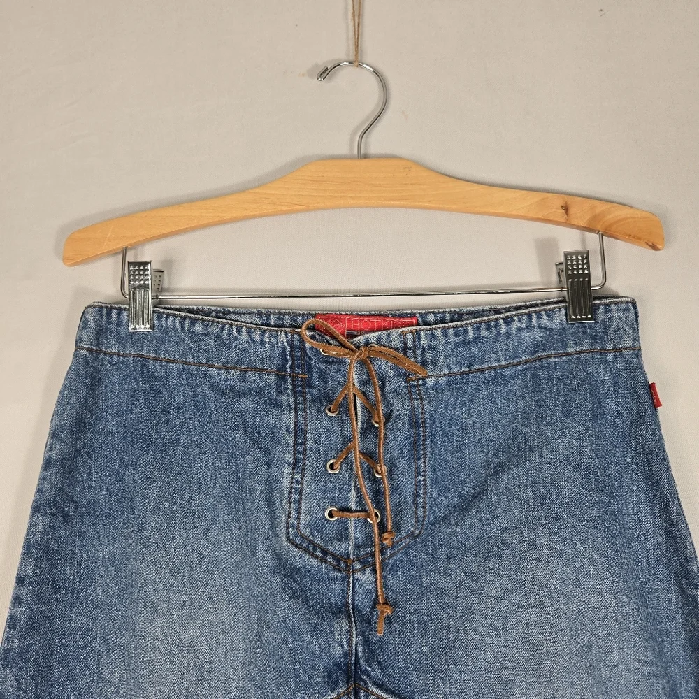 Y2K Hot Kiss Denim Skirt sz 7 28 Leather Tie Angle Seams Indie Sleaze Fray Hem